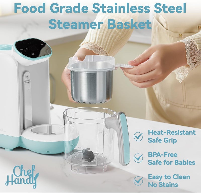 chefhandy Baby Food Maker, Steamer & Blender, Puree Maker with Auto/Manual Blend, Steam Basket, Bottle Warmer & Sterili-zer, Compact Easy-to-Clean Baby Food Processor (White Blue) - Image 4